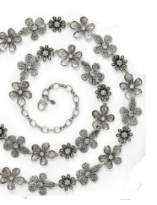 Daisy Chain - Antiqued matte silver plated, crystals, 36" necklace with lobster claw closure