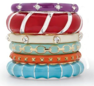 Enameled Bracelets - from top to bottom: Wisteria, Siren, Creme Brulee, Pistachio, Fired Up, & Wavy